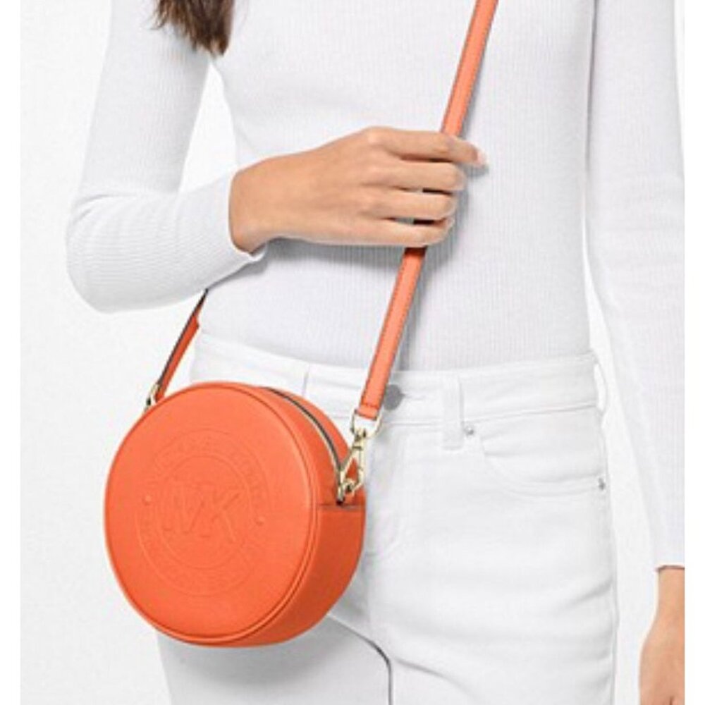 Michael Kors Fulton 7" Xbody Tangerine Leather Canteen Round Crossbody Bag $278
